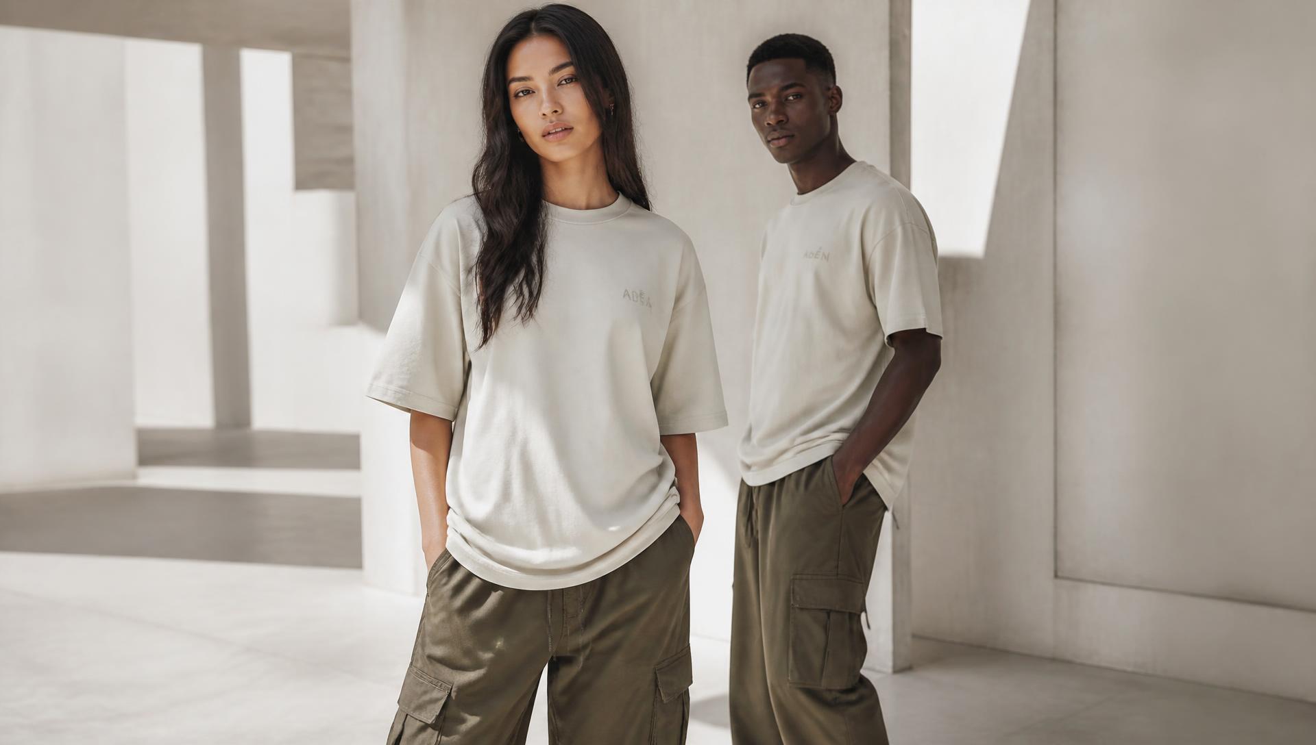 Two models wearing neutral-toned Atelier essentials in a bright studio
